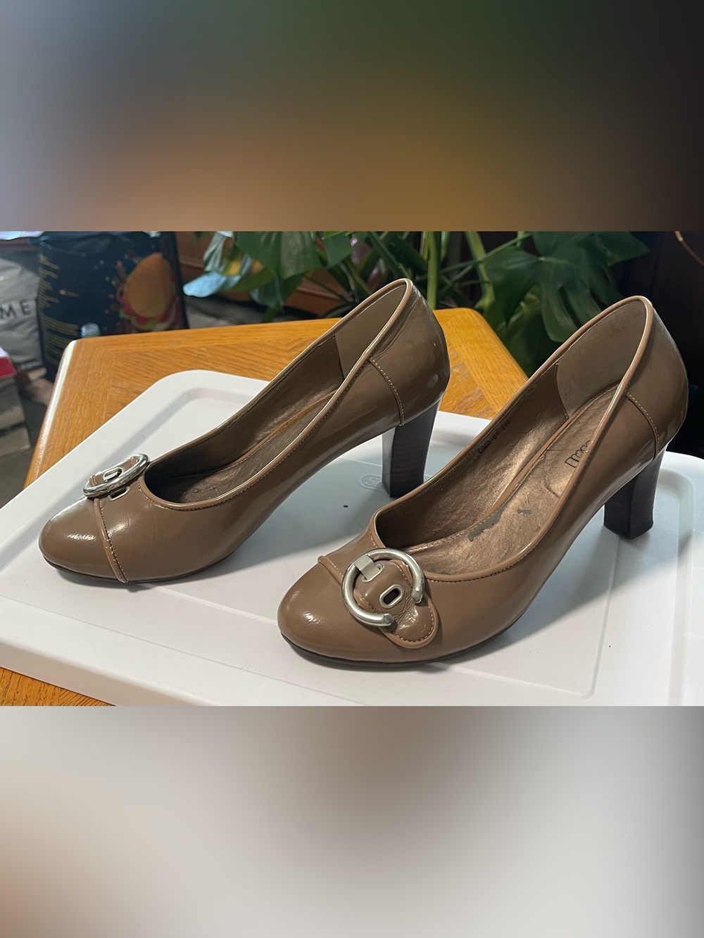 Women’s Taupe Patent Mid Block Heel Pumps with Silver Buckle